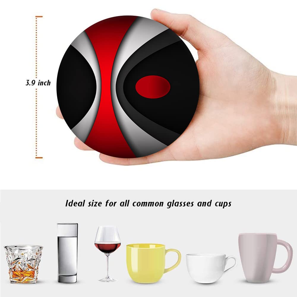Set of 6 Red Black Geometric Absorbent Ceramic Coasters with Cork Base and Metal Holder F53984