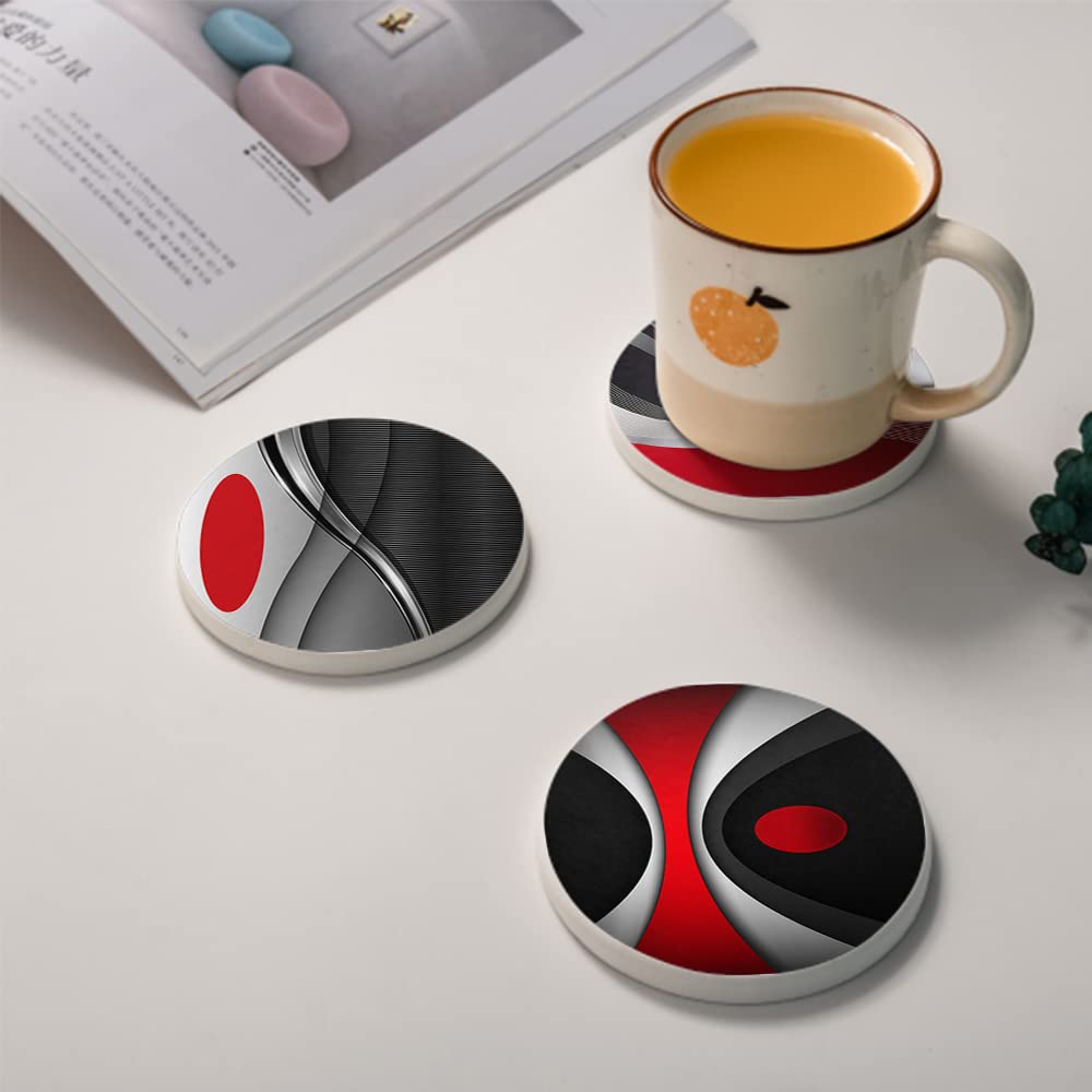 Set of 6 Red Black Geometric Absorbent Ceramic Coasters with Cork Base and Metal Holder F53984