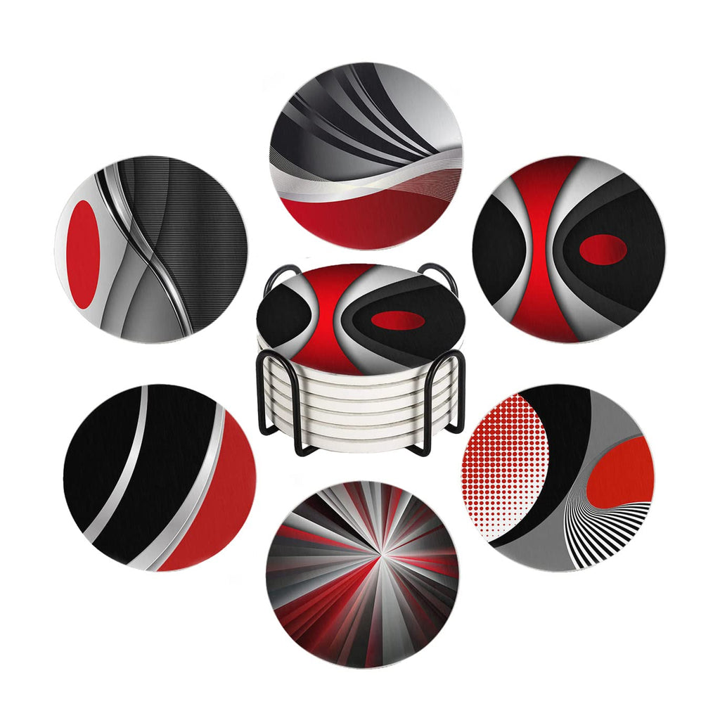 Set of 6 Red Black Geometric Absorbent Ceramic Coasters with Cork Base and Metal Holder F53984