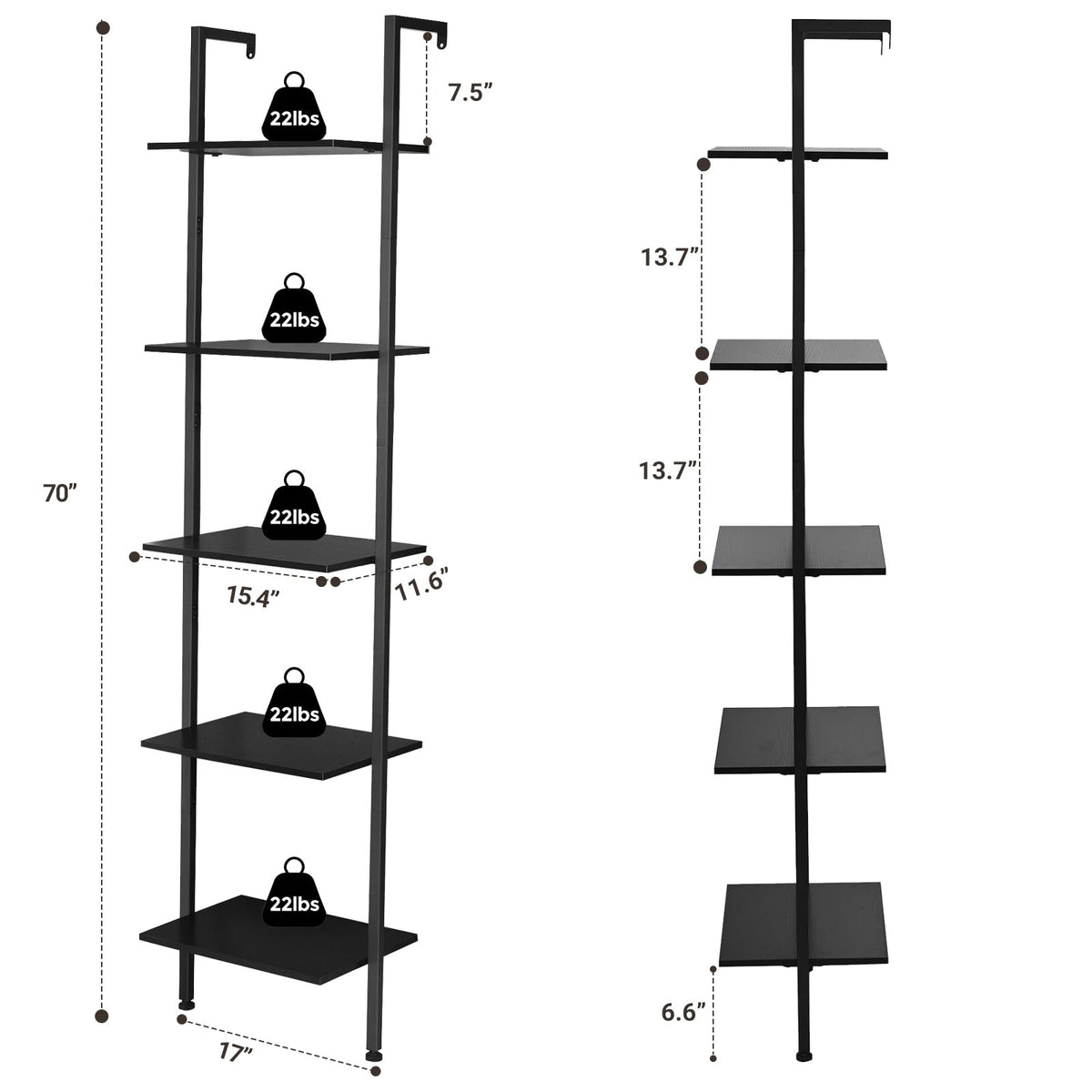 5-Tier Wood Wall Mounted Ladder Bookshelf H7349