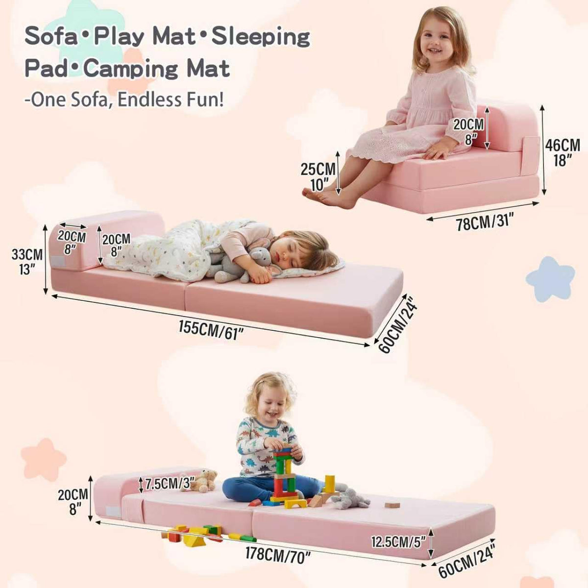 Pink Folding Sofa Bed with Removable Cover O609473