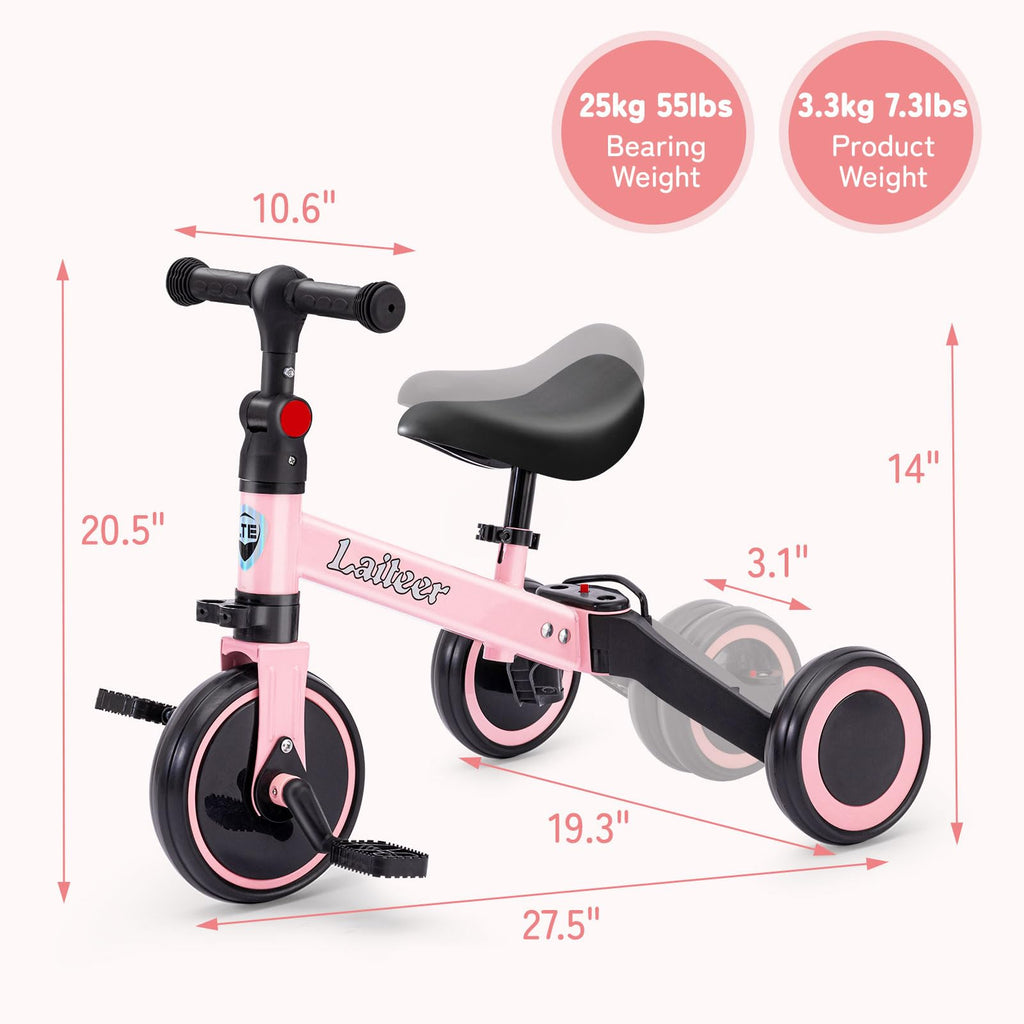 Folding Kids Tricycle with Adjustable Seat & Removable Pedal, Pink A2162