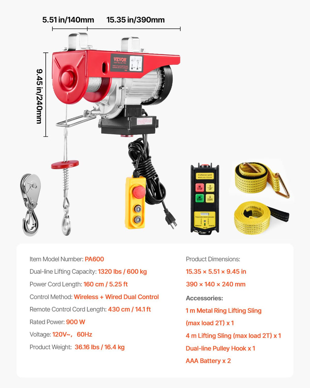 1320 lbs 120V Electric Hoist with Wireless Remote I16051