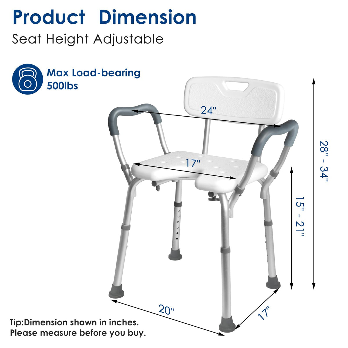 Extra Wide Padded Armrests Shower Chair, 500lbs Capacity, Aluminum D96907