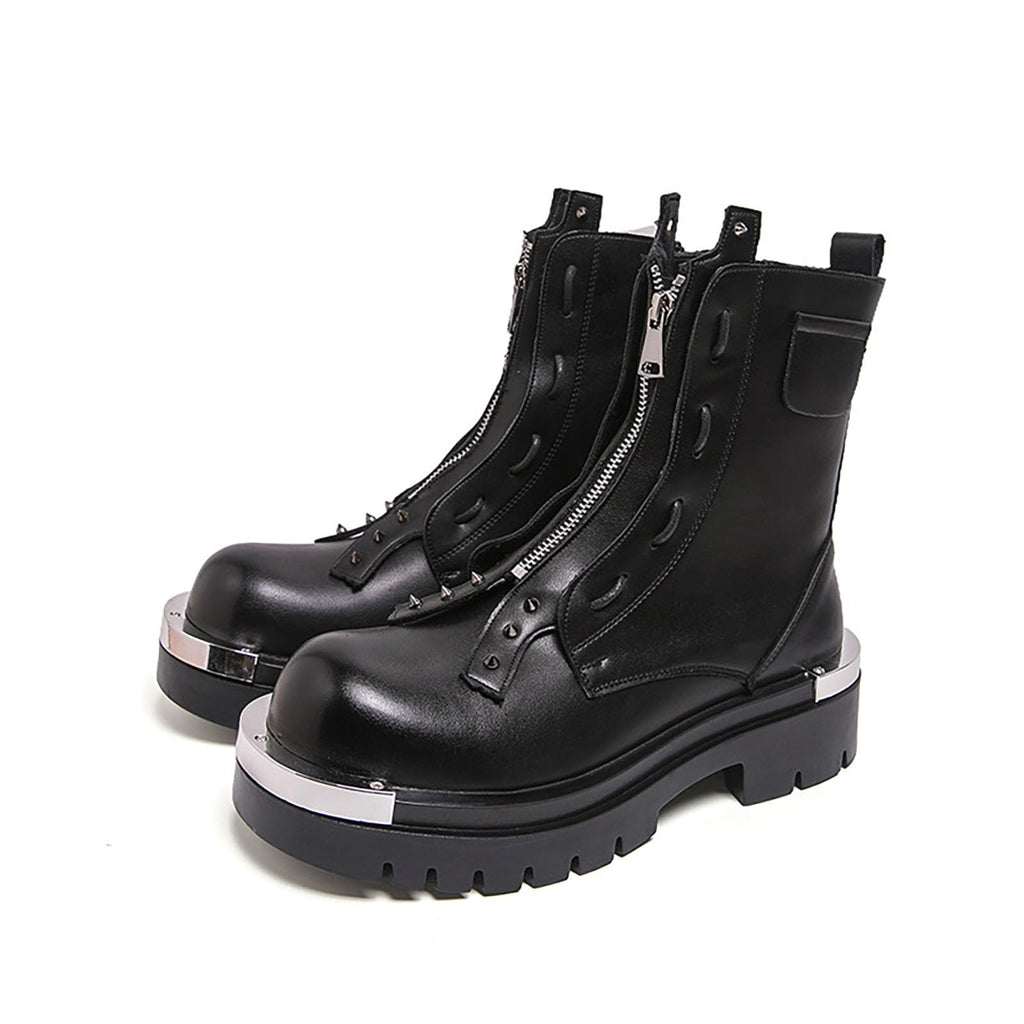 Men'S Leather Chunky Heel Motorcycle Boots With Front Zipper Round Toe Non-Slip Lug Sole Platform Ankle Boots O110