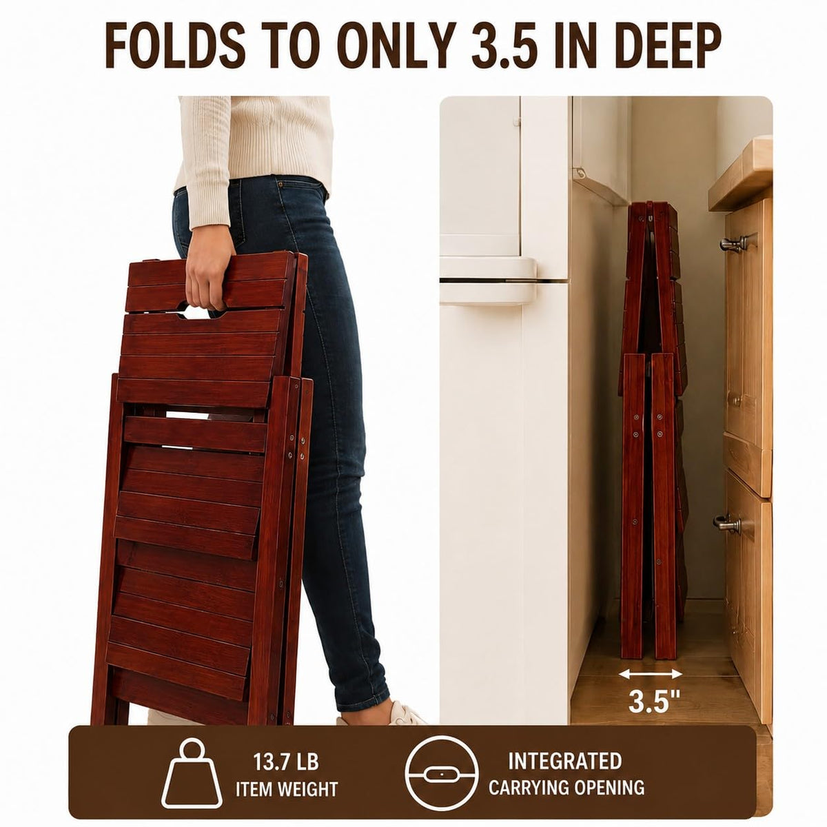 Solid Oak 3 Step Folding Ladder 330 lbs Capacity Wooden Step Stool L43798