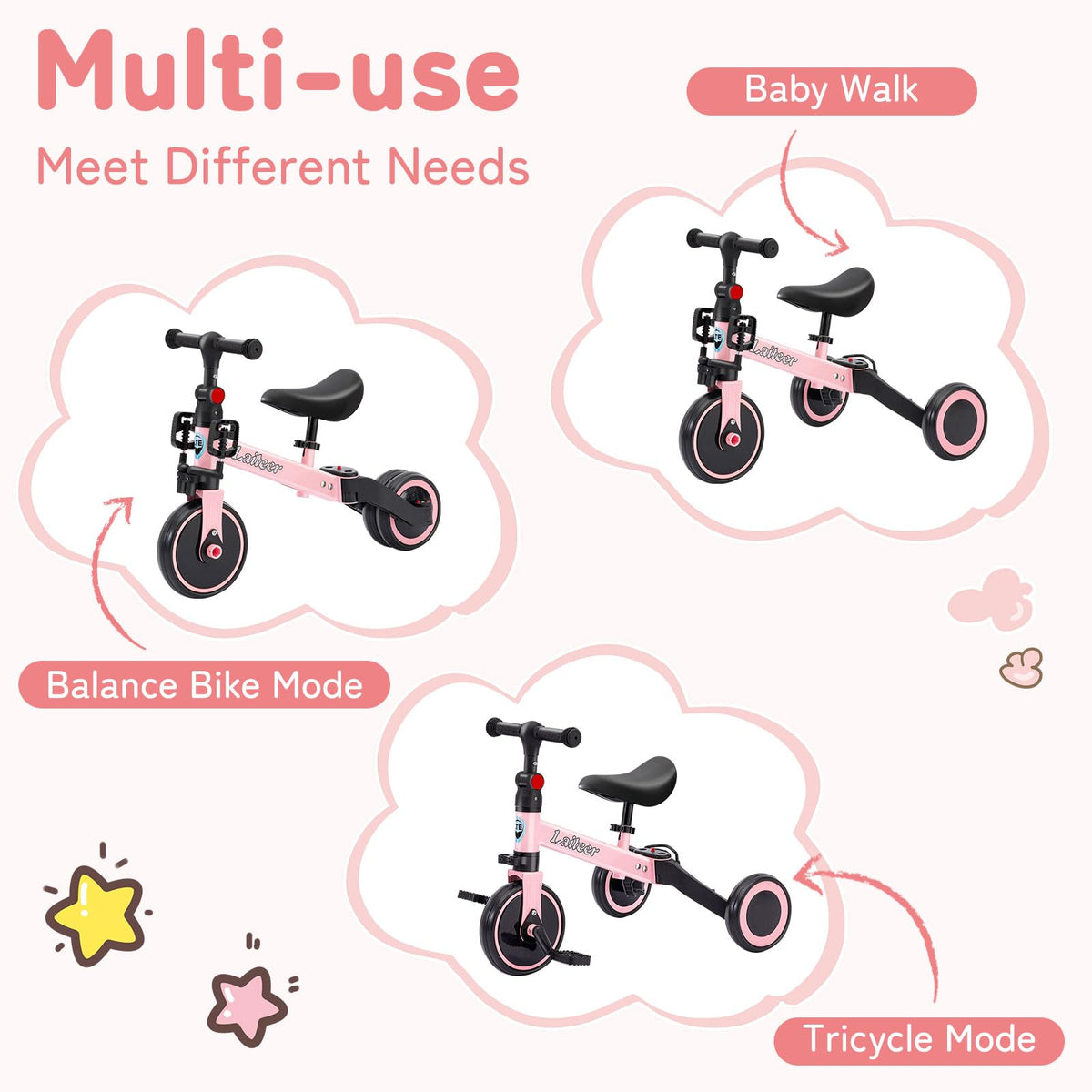 Folding Kids Tricycle with Adjustable Seat & Removable Pedal, Pink A2162