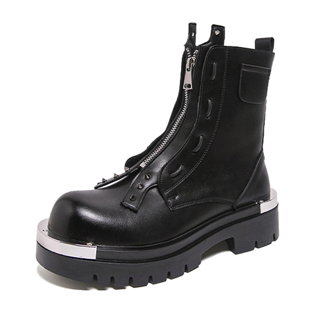 Men'S Leather Chunky Heel Motorcycle Boots With Front Zipper Round Toe Non-Slip Lug Sole Platform Ankle Boots O110