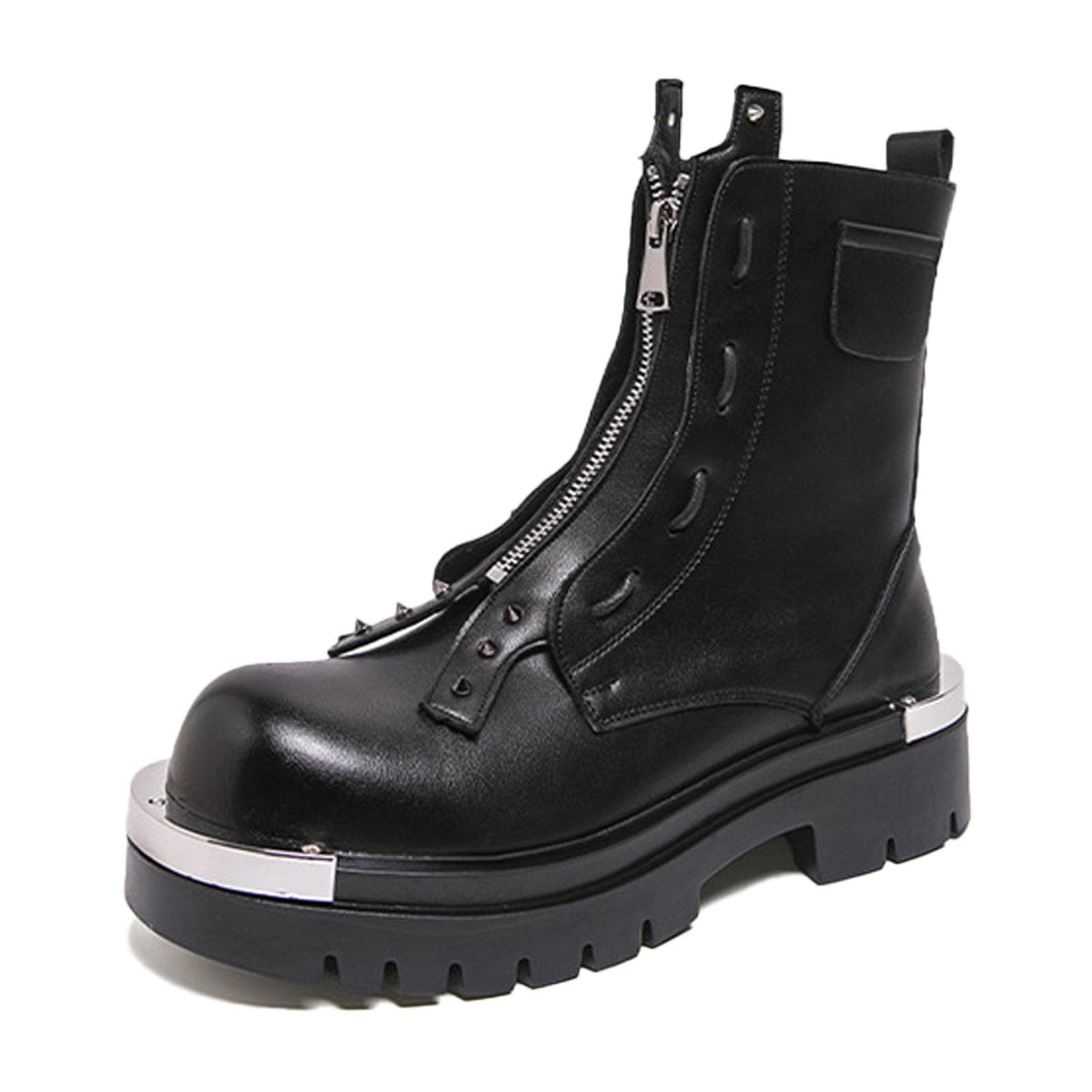 Men'S Leather Chunky Heel Motorcycle Boots With Front Zipper Round Toe Non-Slip Lug Sole Platform Ankle Boots O110