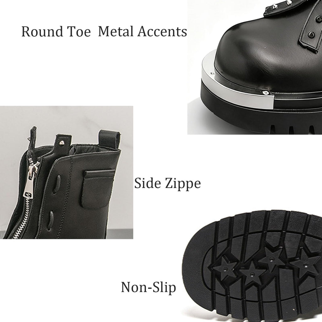 Men'S Leather Chunky Heel Motorcycle Boots With Front Zipper Round Toe Non-Slip Lug Sole Platform Ankle Boots O110