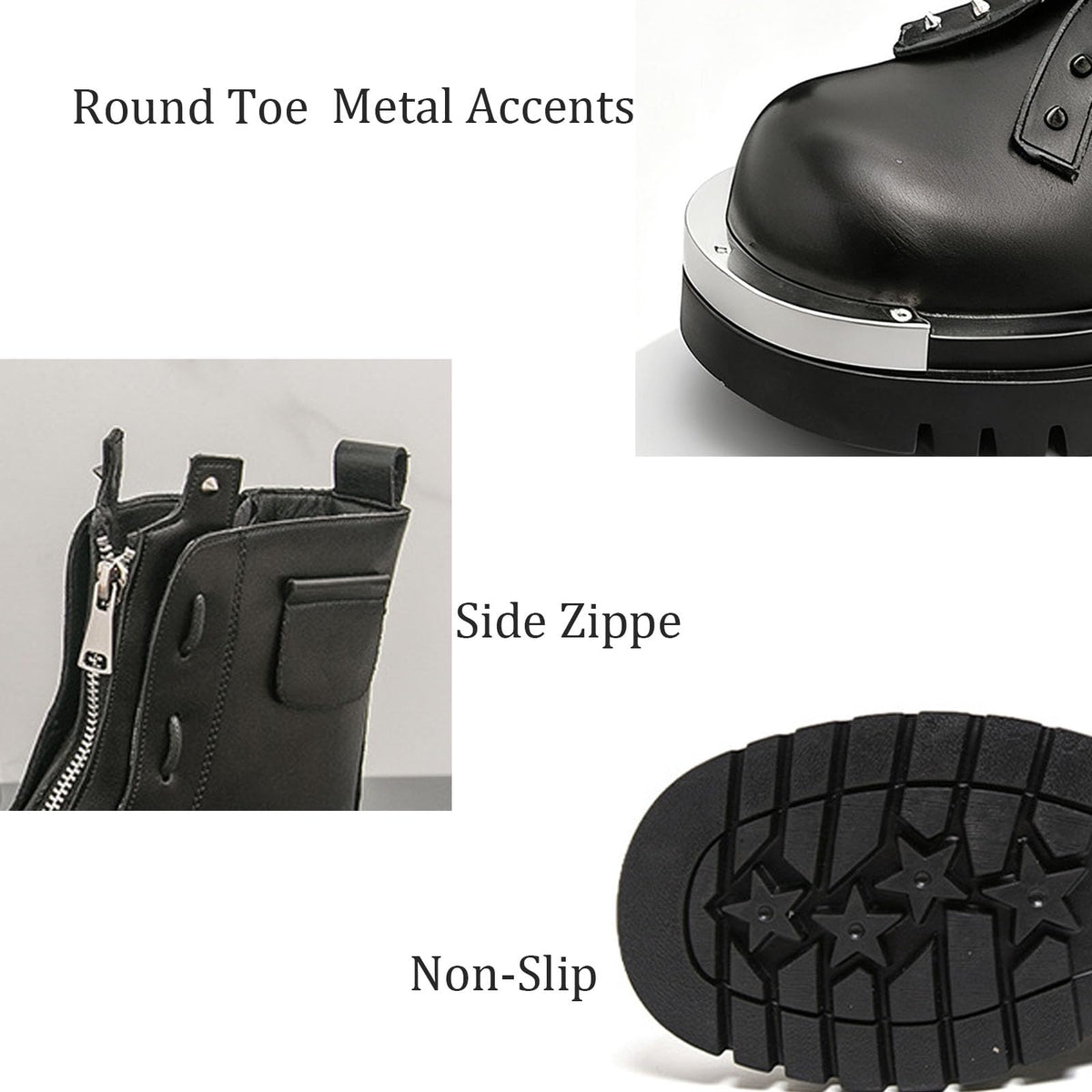 Men'S Leather Chunky Heel Motorcycle Boots With Front Zipper Round Toe Non-Slip Lug Sole Platform Ankle Boots O110