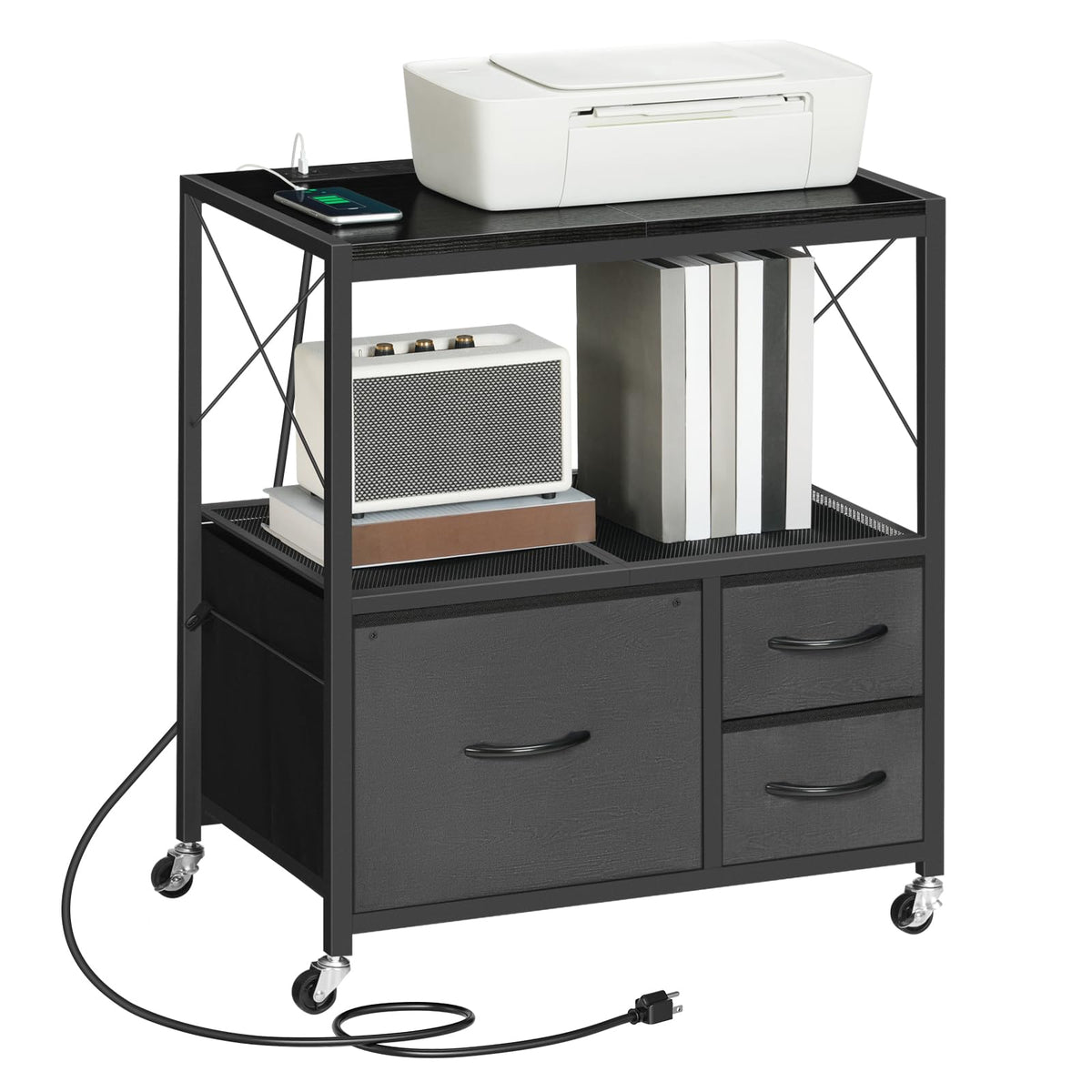 Black 3 Drawer File Cabinet with Charging Station K57592