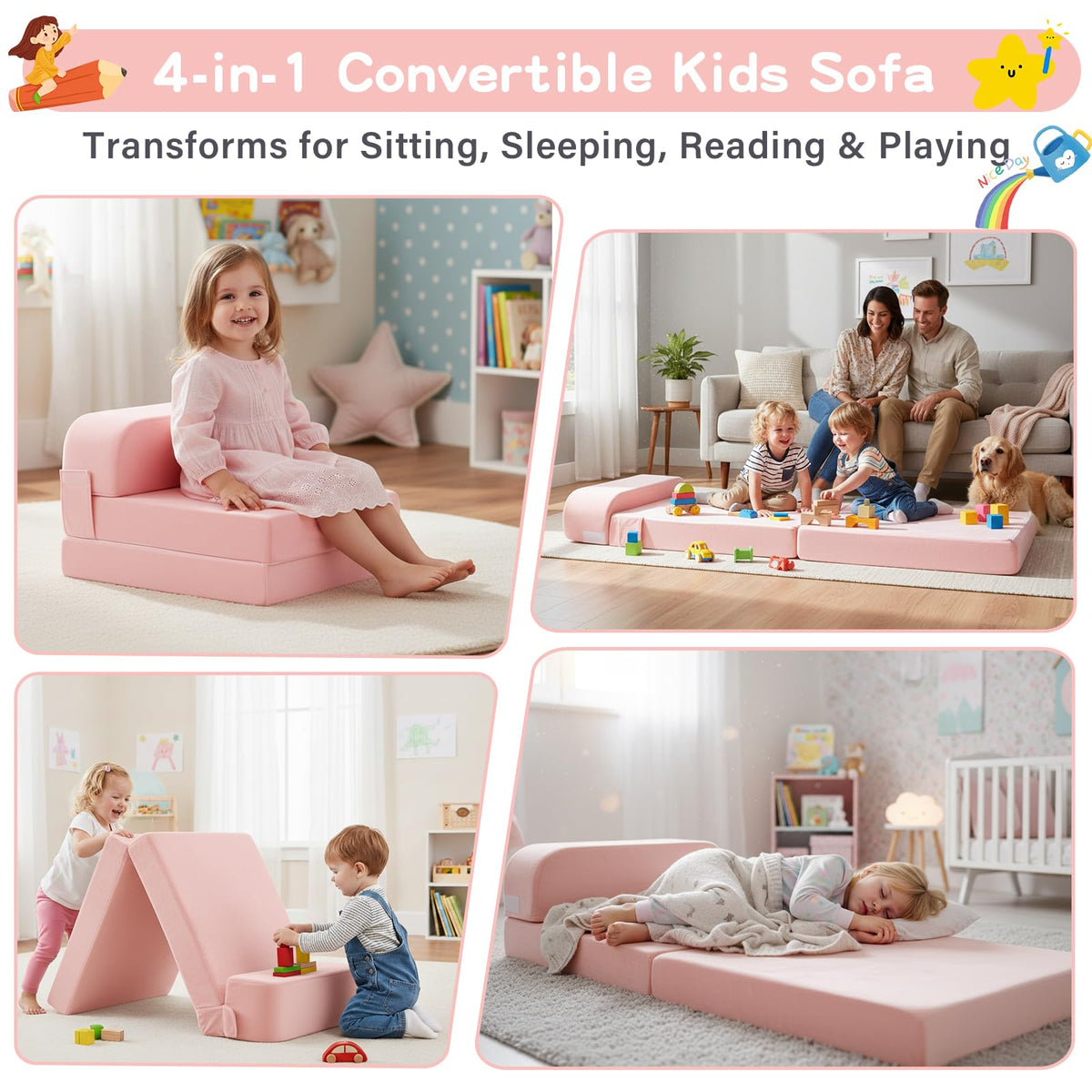 Pink Folding Sofa Bed with Removable Cover O609473