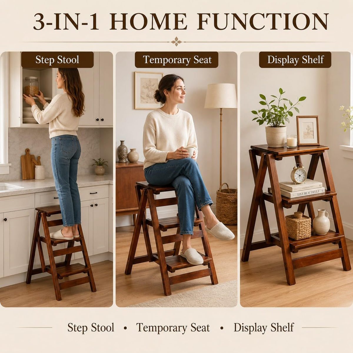 Solid Oak 3 Step Folding Ladder 330 lbs Capacity Wooden Step Stool L43798
