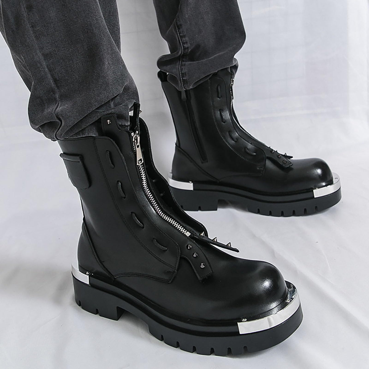 Men'S Leather Chunky Heel Motorcycle Boots With Front Zipper Round Toe Non-Slip Lug Sole Platform Ankle Boots O110