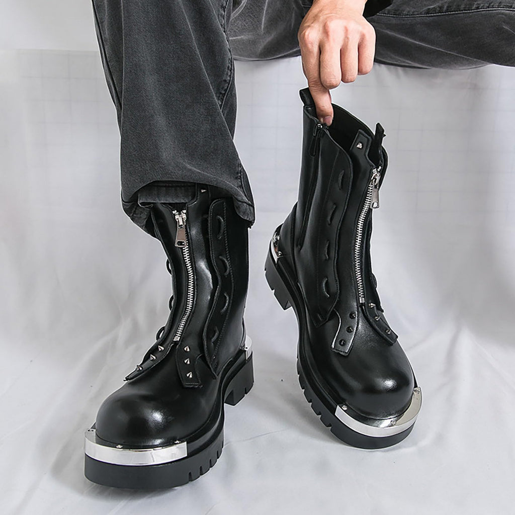 Men'S Leather Chunky Heel Motorcycle Boots With Front Zipper Round Toe Non-Slip Lug Sole Platform Ankle Boots O110