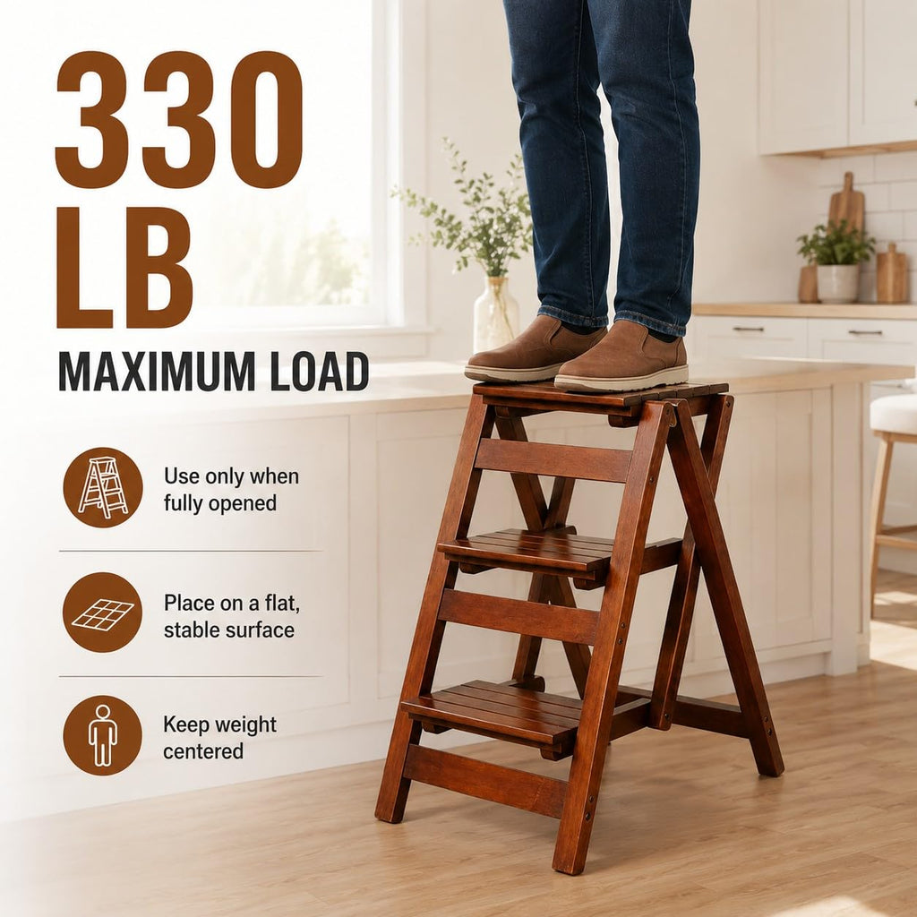 Solid Oak 3 Step Folding Ladder 330 lbs Capacity Wooden Step Stool L43798