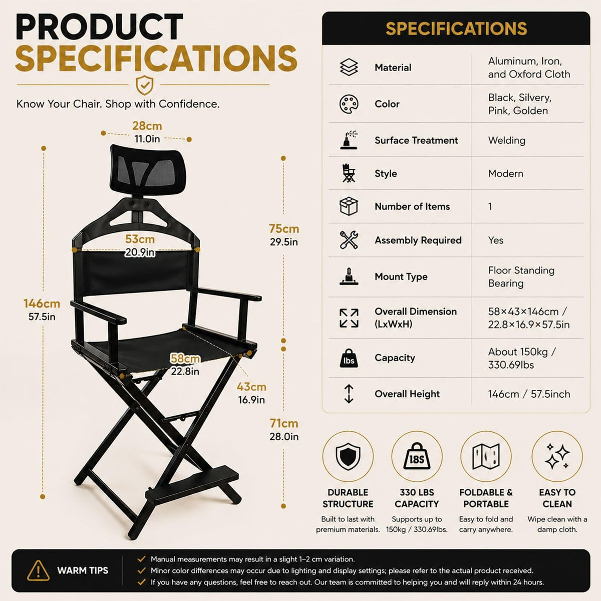 Tall Folding Directors Chair with Adjustable Headrest Q7672