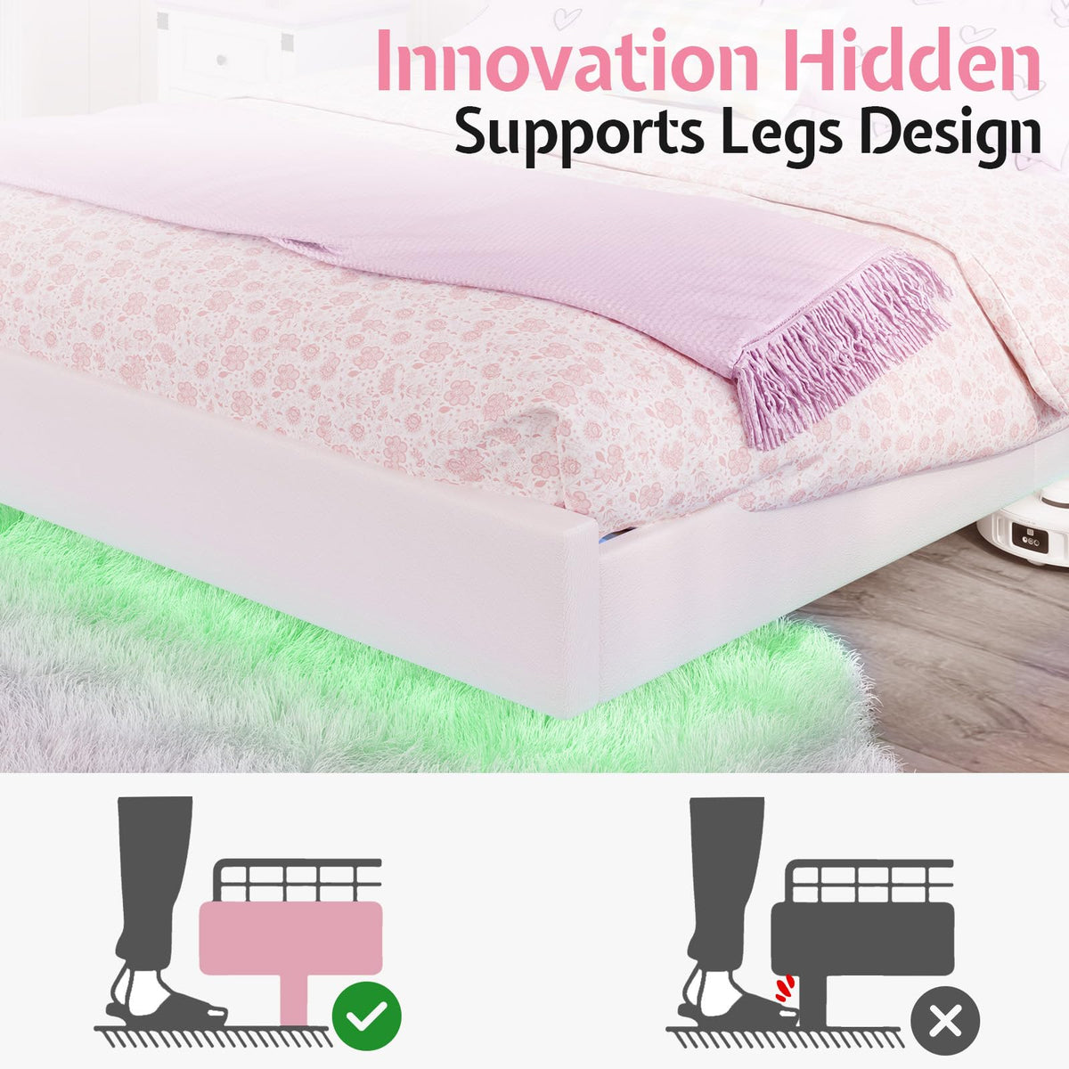 White Full Floating Bed Frame with Adjustable Headboard Y39906