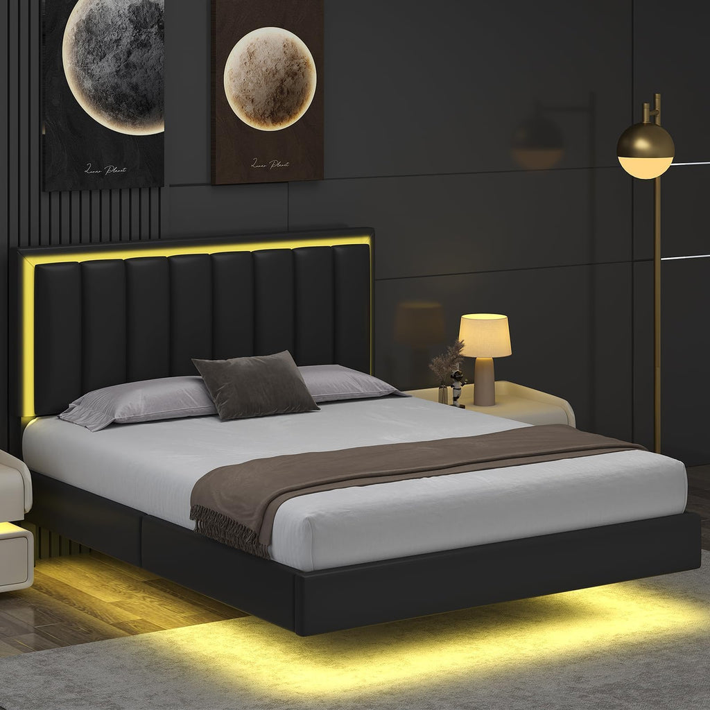 Black Full Size Floating Bed Frame with LED Lights H208
