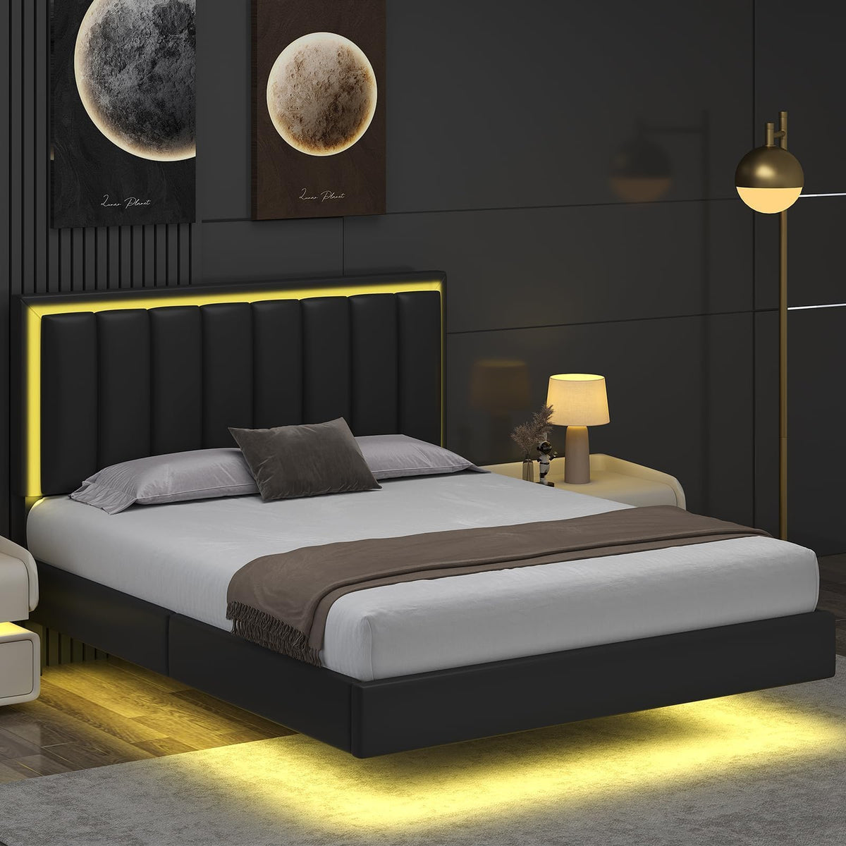 Black Full Size Floating Bed Frame with LED Lights H208