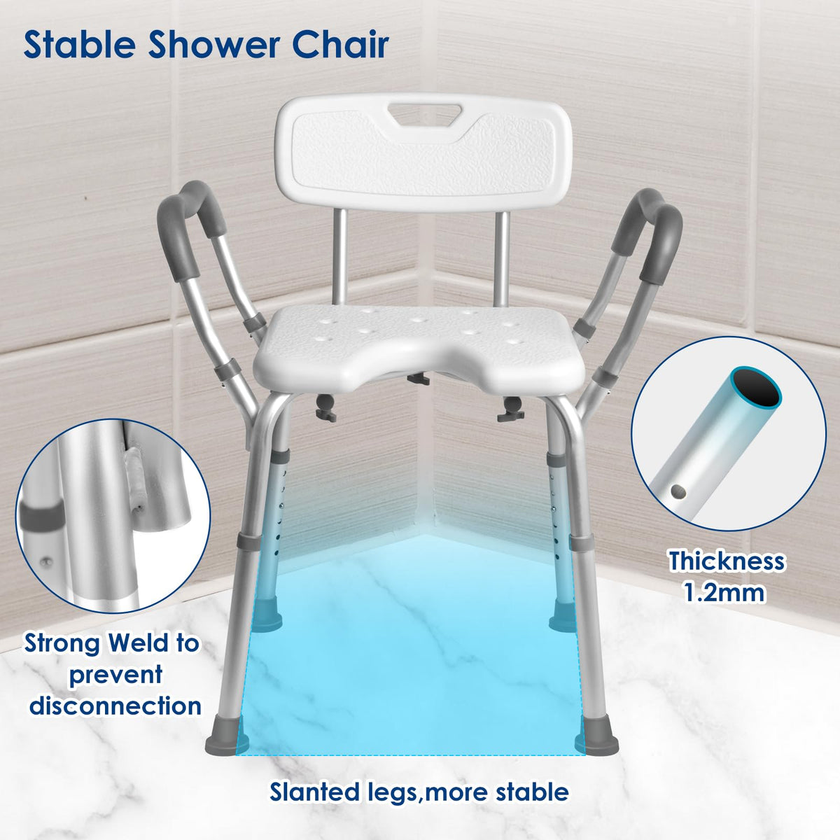 Extra Wide Padded Armrests Shower Chair, 500lbs Capacity, Aluminum D96907