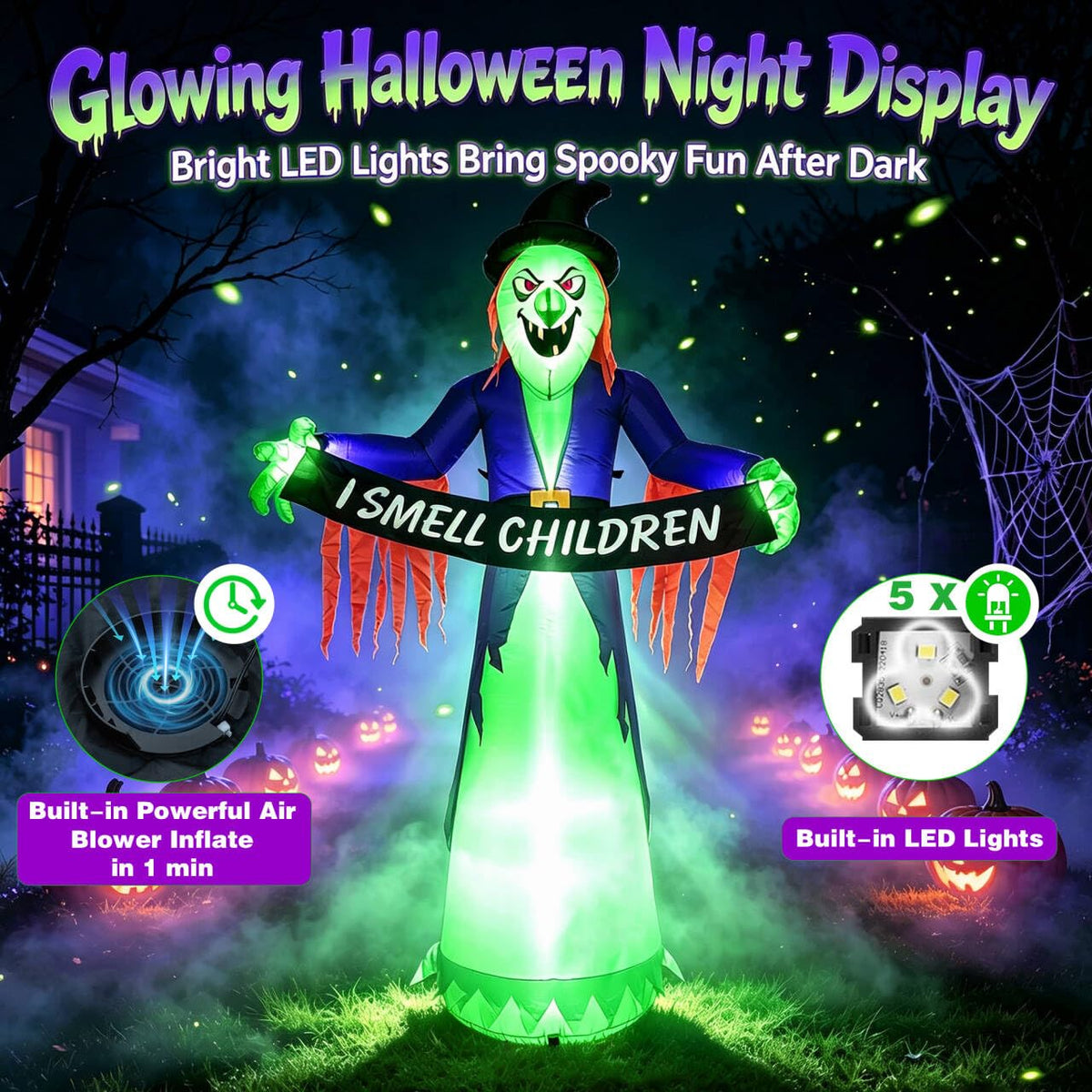 8FT Inflatable Witch Halloween Decoration with Built-in LED Lights S182