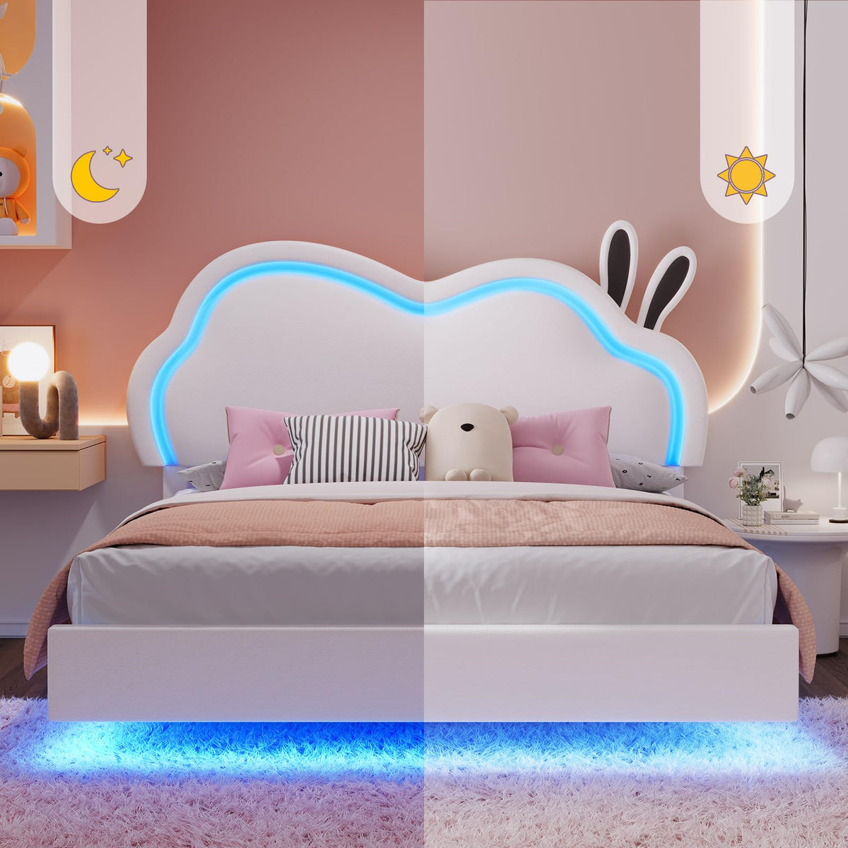 White Full Floating Bed Frame with Adjustable Headboard Y39906