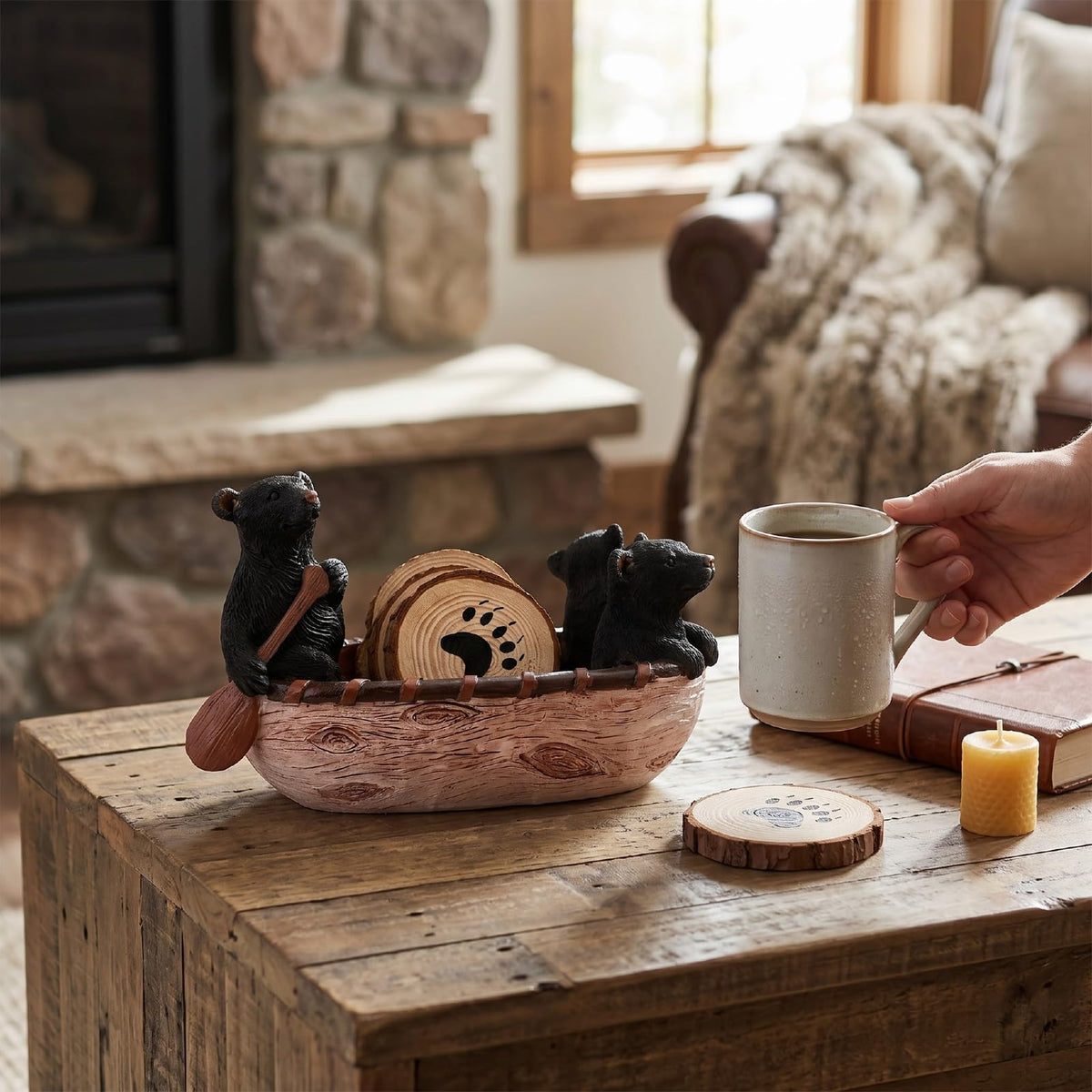 Set of 6 Black Bear Coaster Set with Canoe Holder O42422