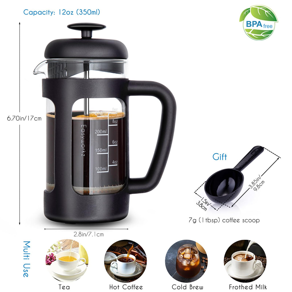 French Press and Gooseneck Pour Over Coffee Kettle 12 oz Stainless Steel I923