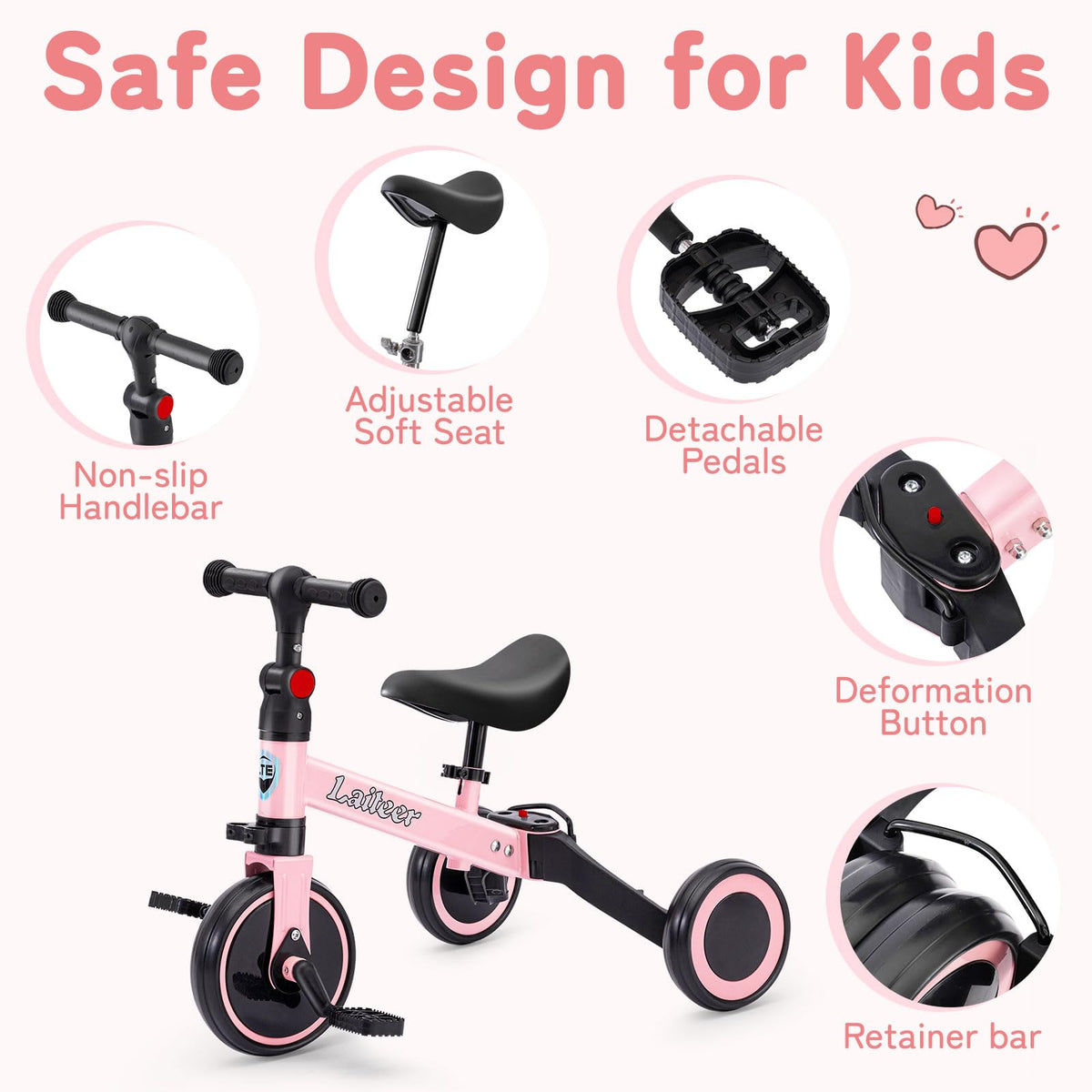 Folding Kids Tricycle with Adjustable Seat & Removable Pedal, Pink A2162
