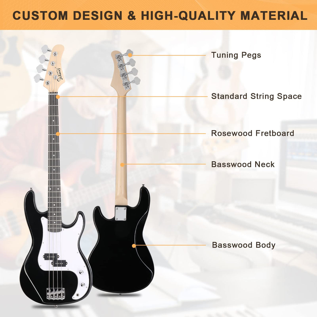 Full Size 4 String Basswood Electric Bass Guitar Beginner Kit with 20W Amp E135