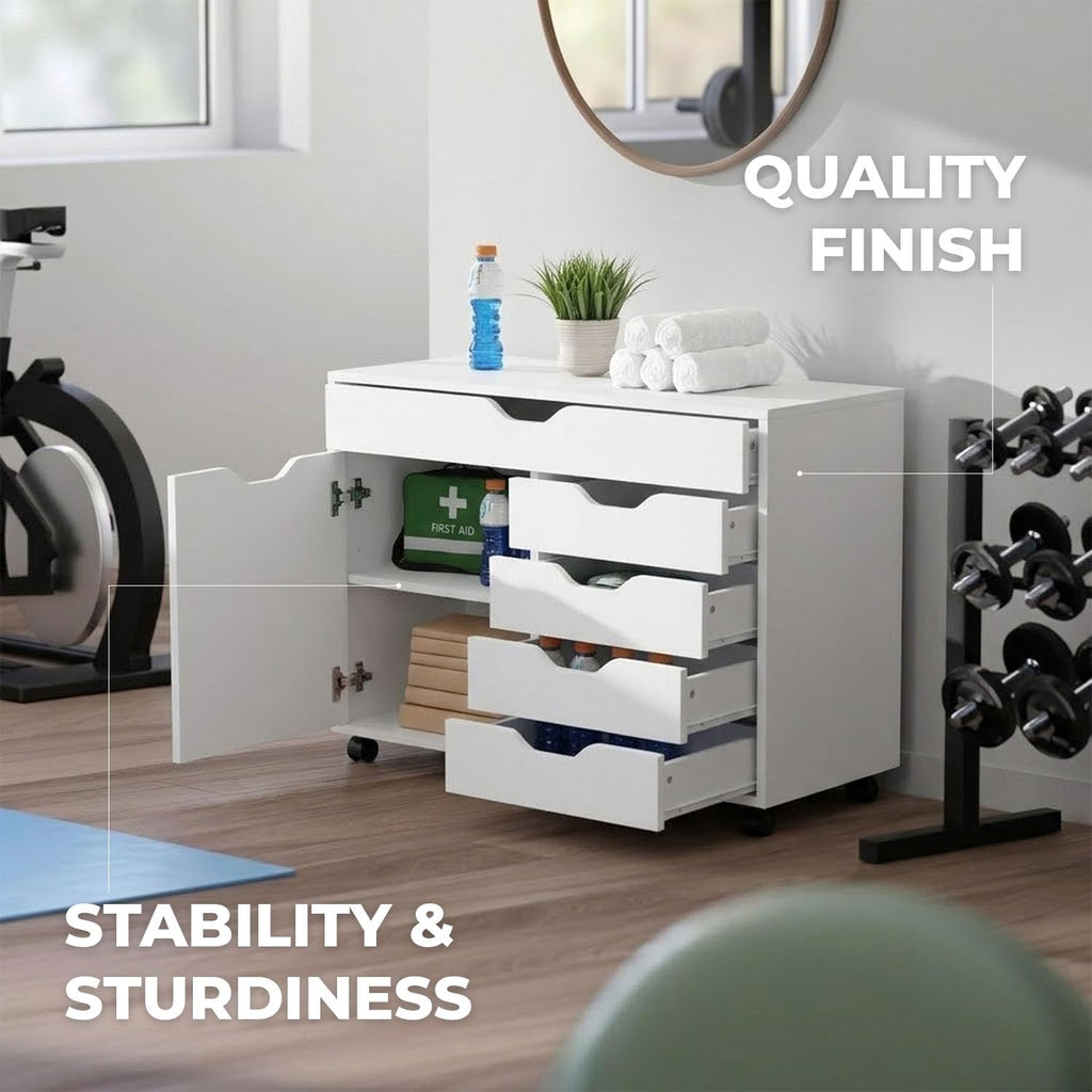 White Mobile Storage Cabinet with 1 Door & 5 Drawers V310769
