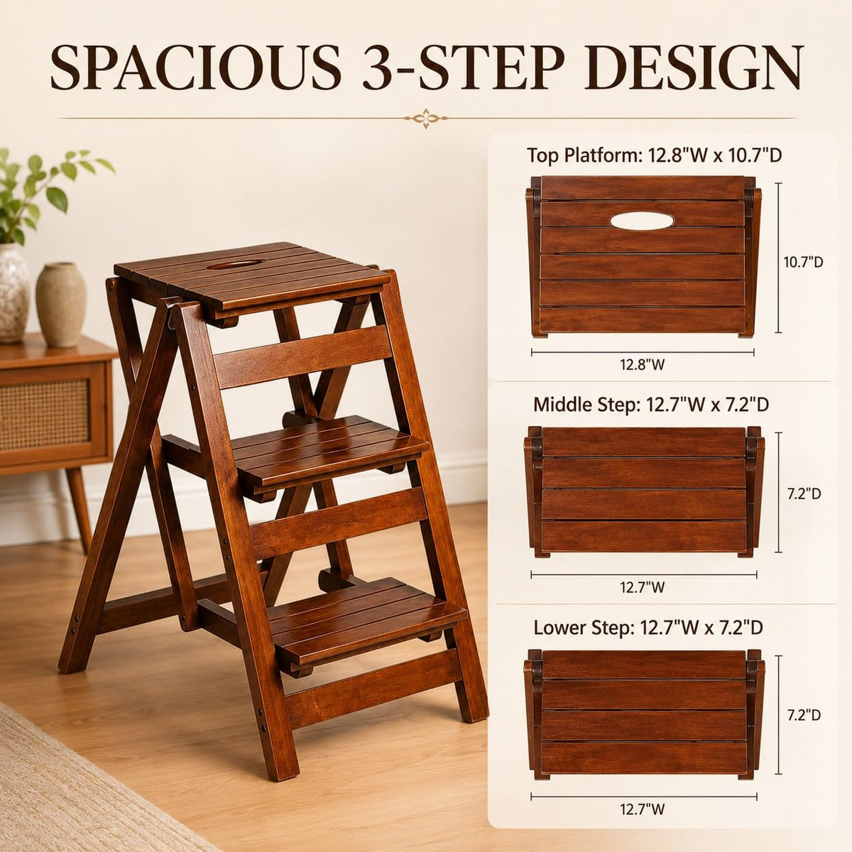 Solid Oak 3 Step Folding Ladder 330 lbs Capacity Wooden Step Stool L43798
