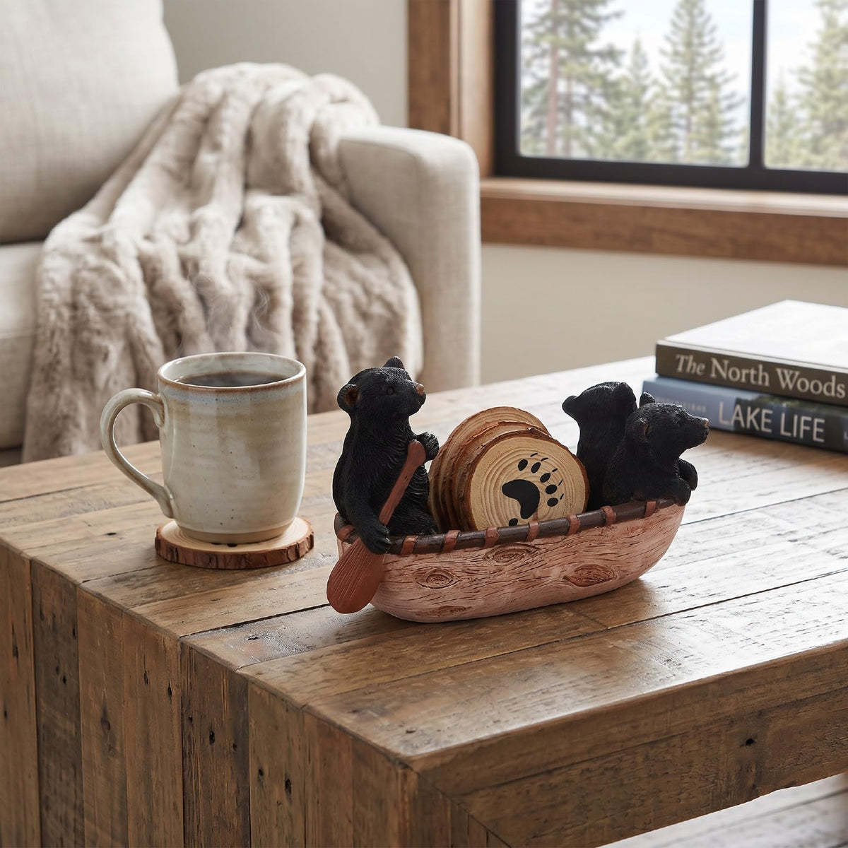Set of 6 Black Bear Coaster Set with Canoe Holder O42422