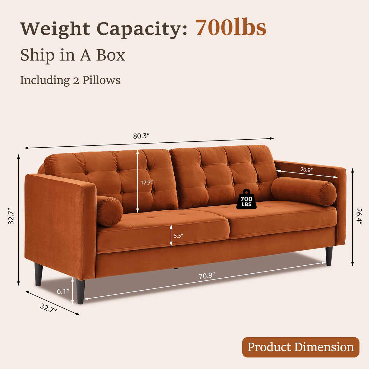 80" Velvet Sofa with Solid Wood Legs G625