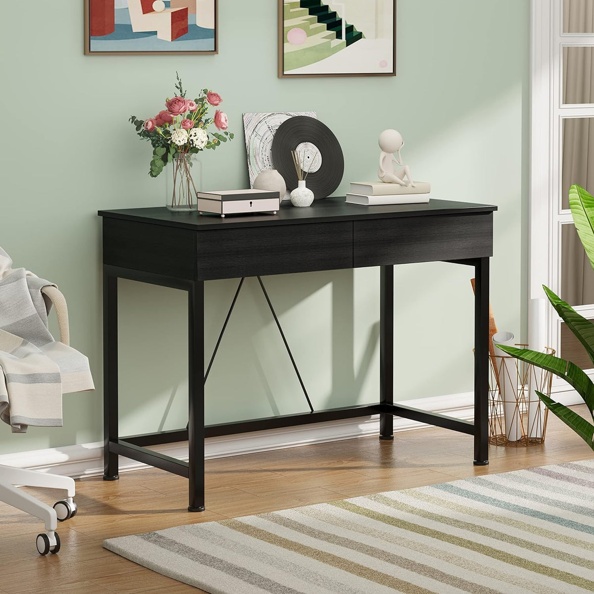 Black Wooden Computer Desk with Drawers W342038