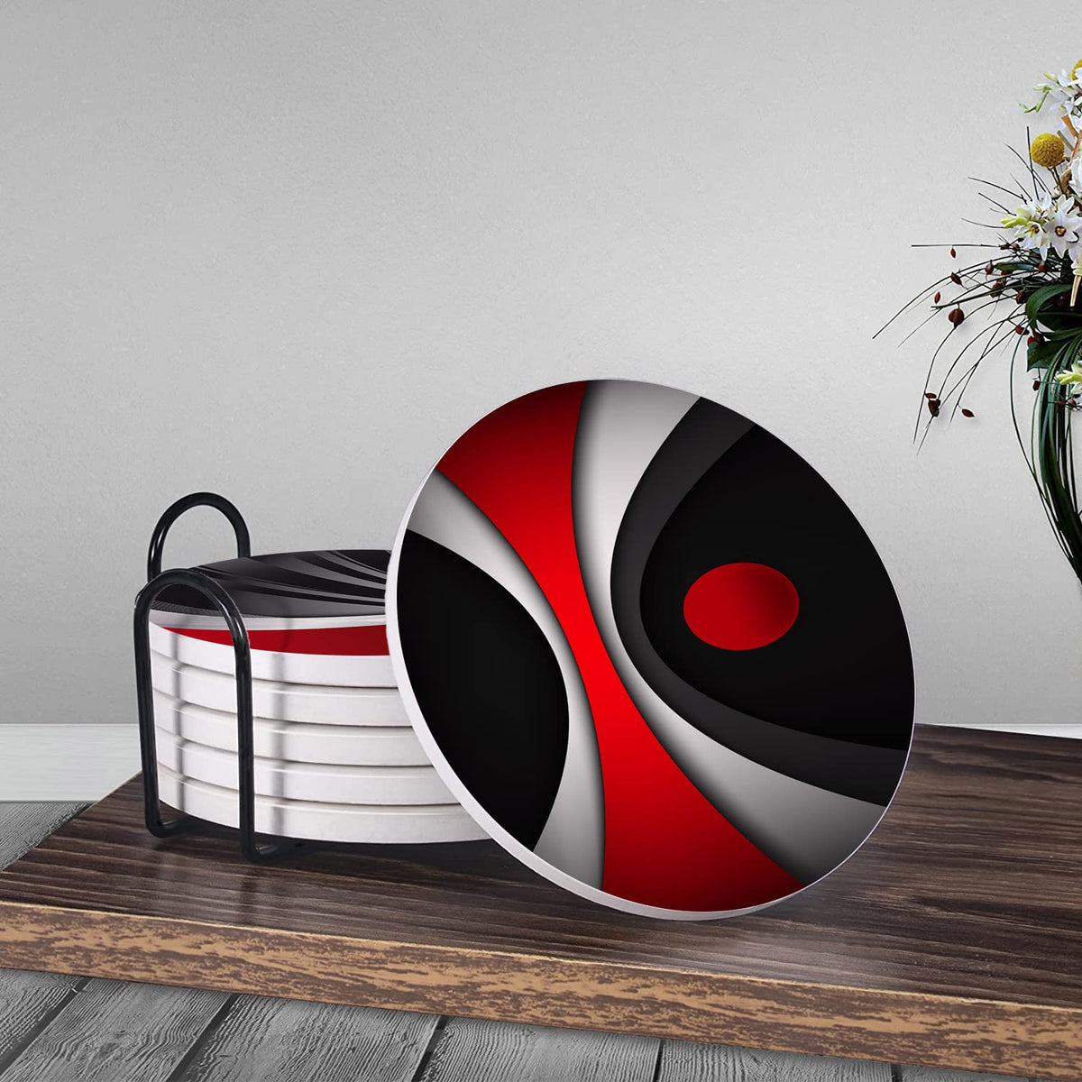 Set of 6 Red Black Geometric Absorbent Ceramic Coasters with Cork Base and Metal Holder F53984