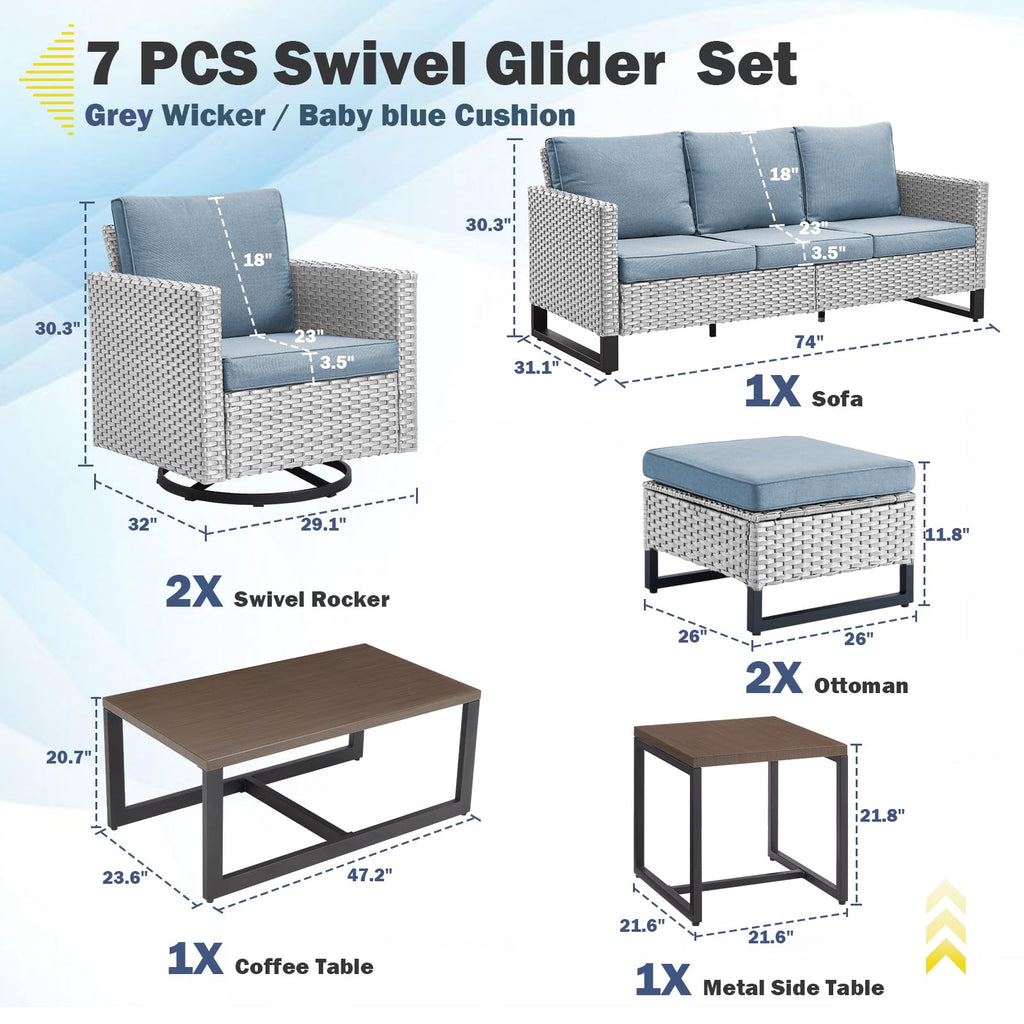 7 Piece Wicker Patio Sofa Set with Swivel Rocker Chairs and Ottomans D1544