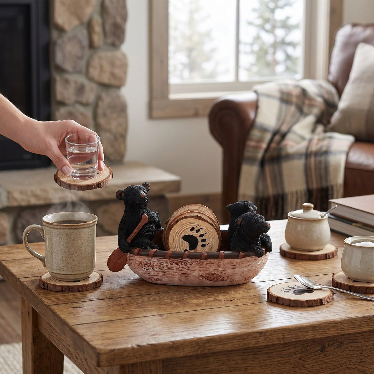 Set of 6 Black Bear Coaster Set with Canoe Holder O42422