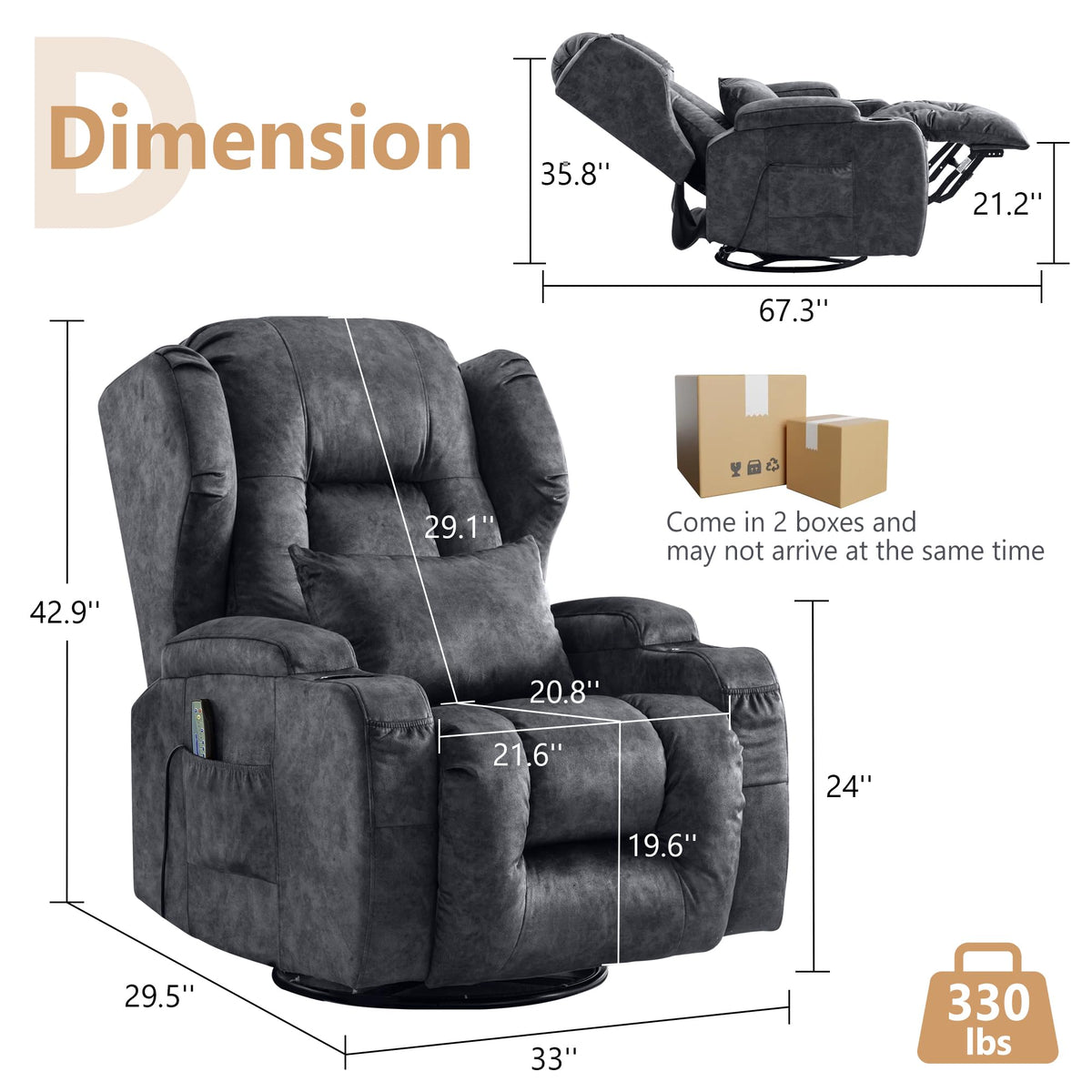 Dual Motor Power Swivel Rocker Recliner Chairs with Massage & Heat W3880