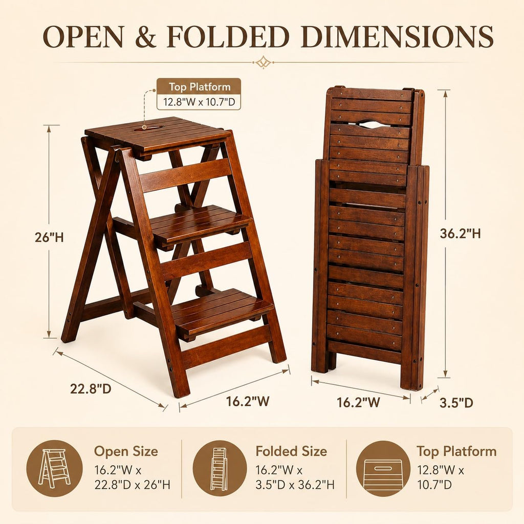 Solid Oak 3 Step Folding Ladder 330 lbs Capacity Wooden Step Stool L43798