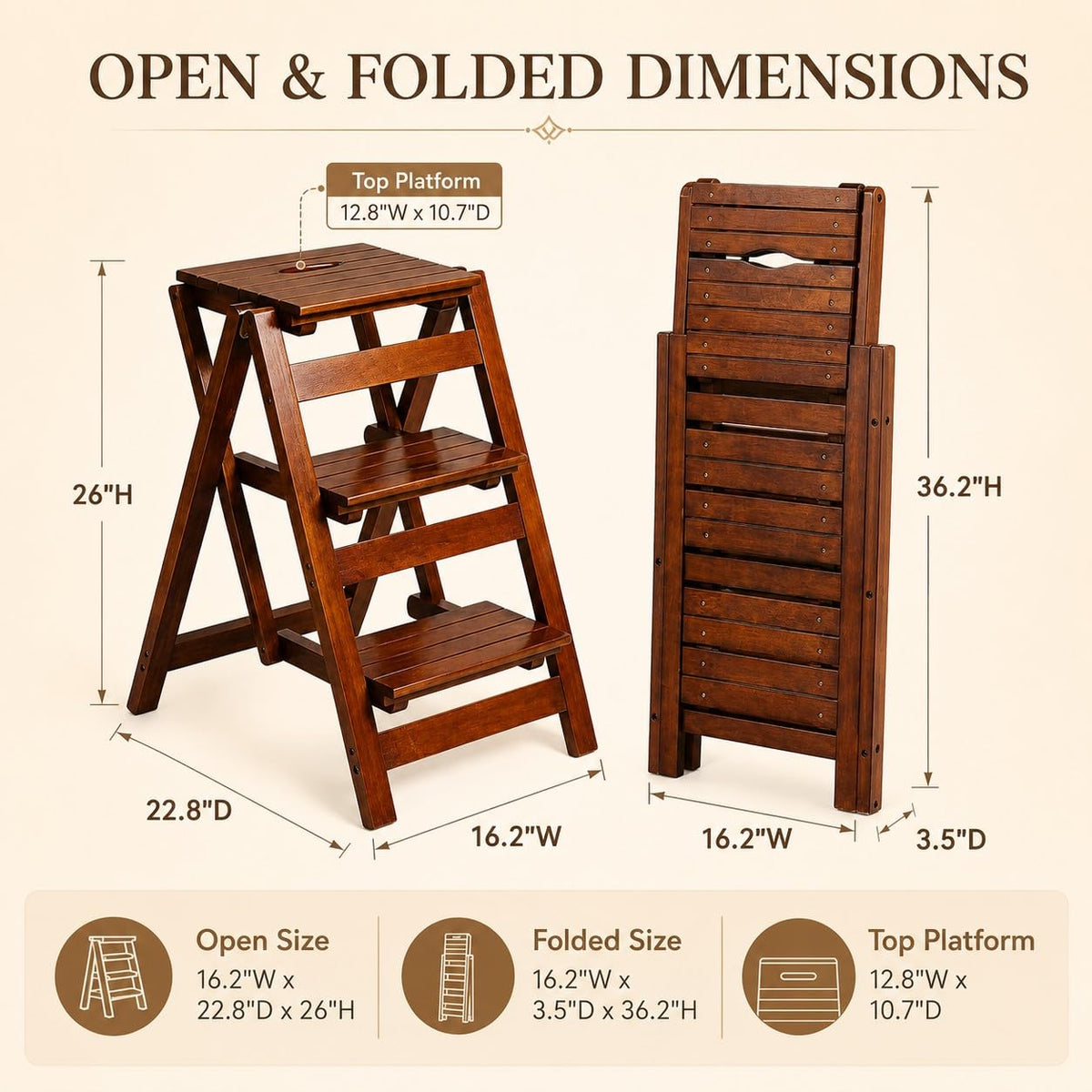 Solid Oak 3 Step Folding Ladder 330 lbs Capacity Wooden Step Stool L43798