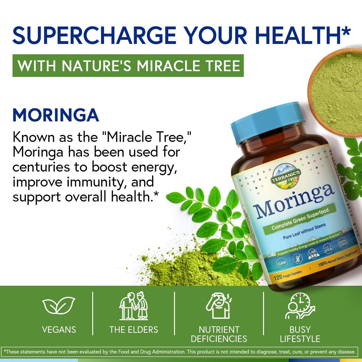 Moringa Oleifera Leaf Powder 120 Vegan Caps U856