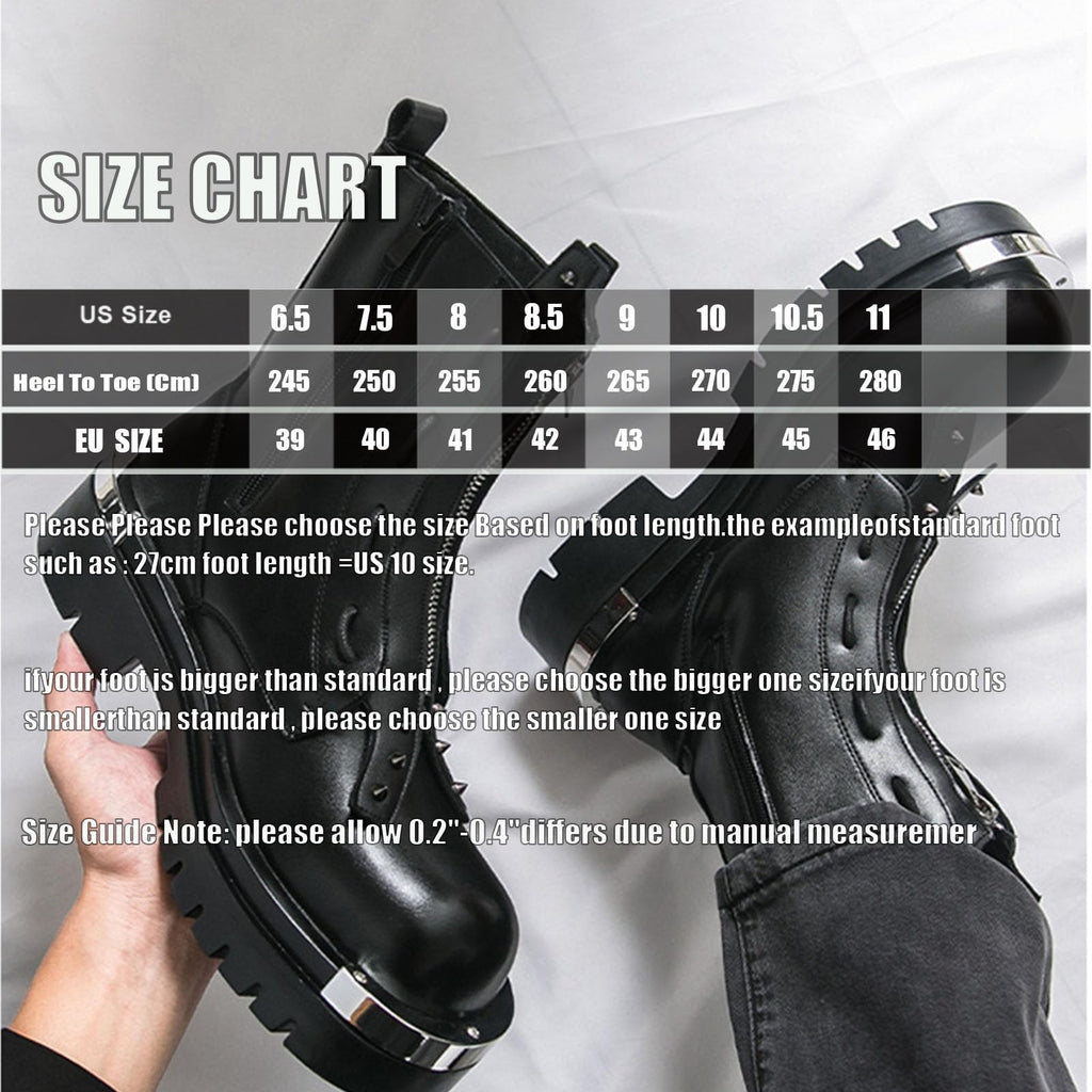 Men'S Leather Chunky Heel Motorcycle Boots With Front Zipper Round Toe Non-Slip Lug Sole Platform Ankle Boots O110