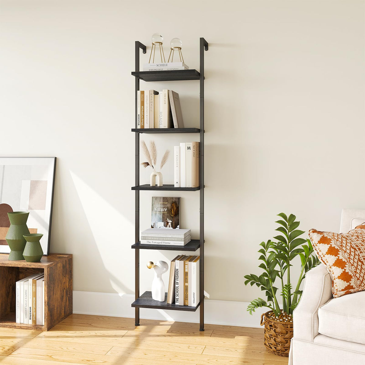 5-Tier Wood Wall Mounted Ladder Bookshelf H7349
