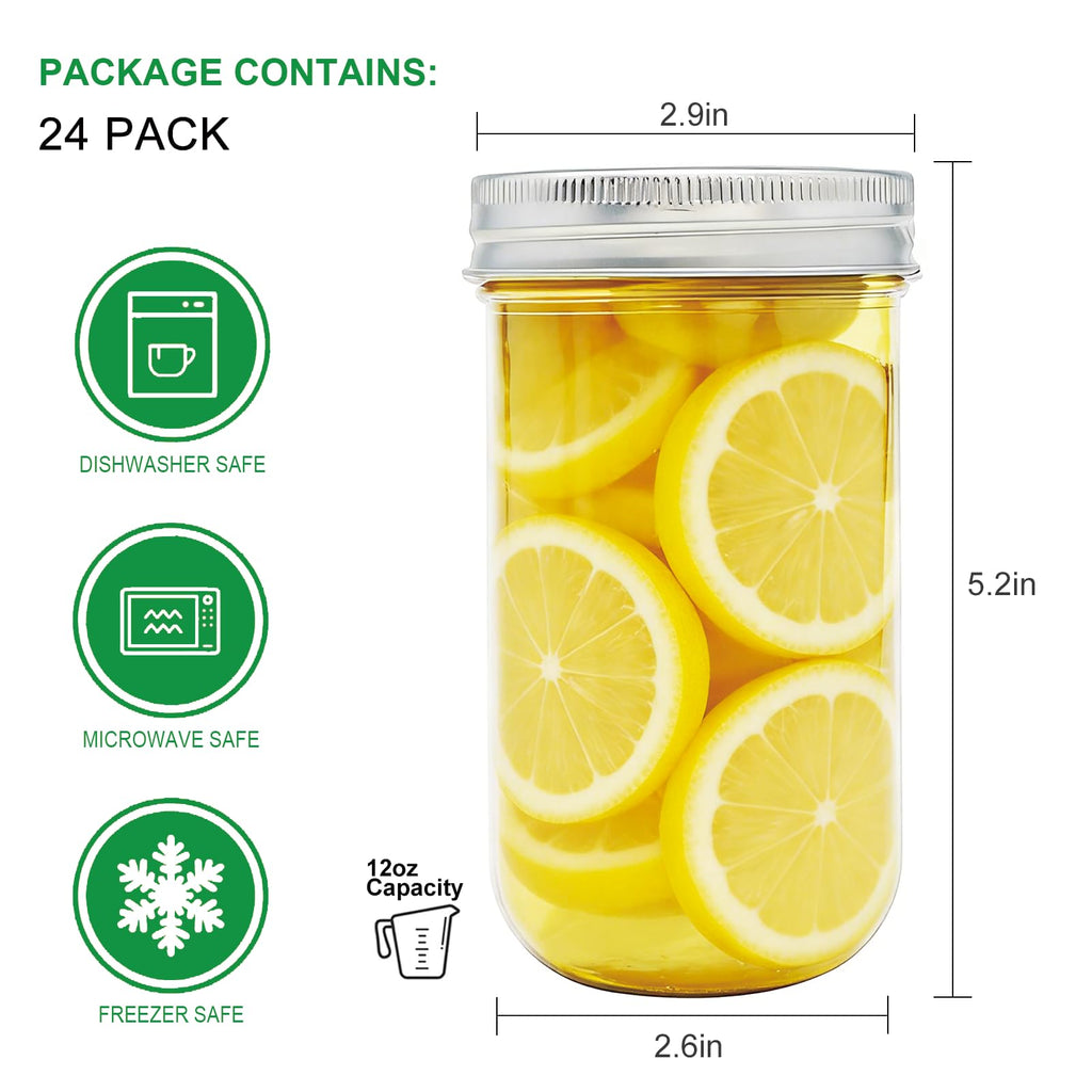 24 Pack 12 oz Mason Jars with Lids U1615