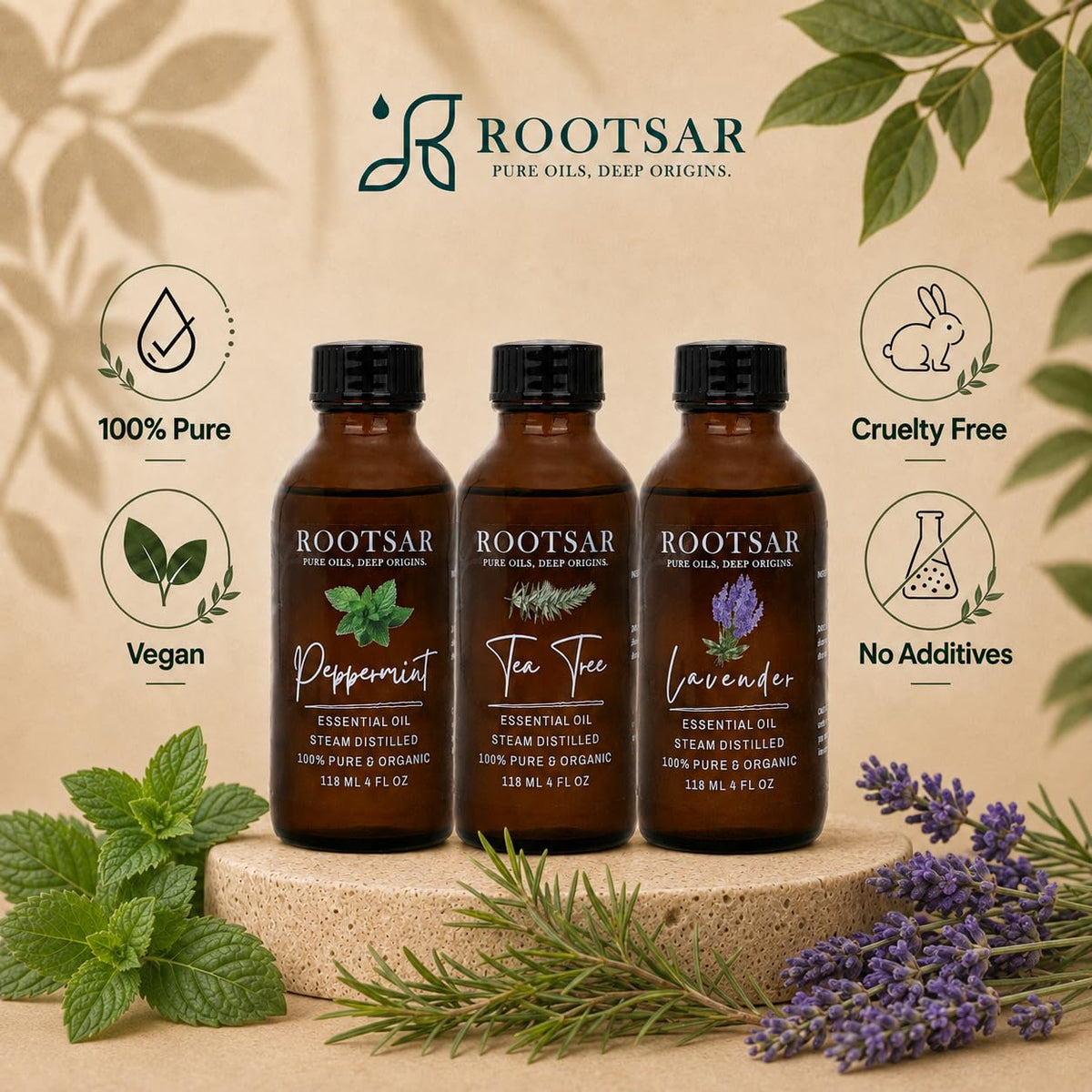 3 Pack Lavender Peppermint Tea Tree Essential Oils 4 Fl Oz I631209