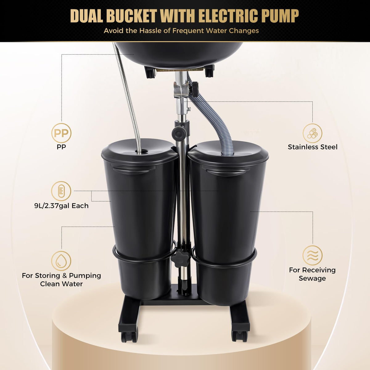 Portable Shampoo Basin with 2 Water Buckets, Black O7788
