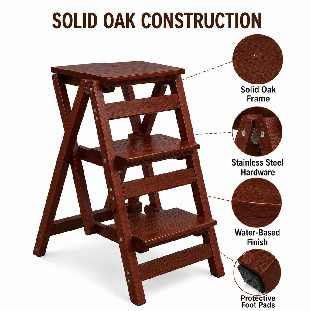 Solid Oak 3 Step Folding Ladder 330 lbs Capacity Wooden Step Stool L43798
